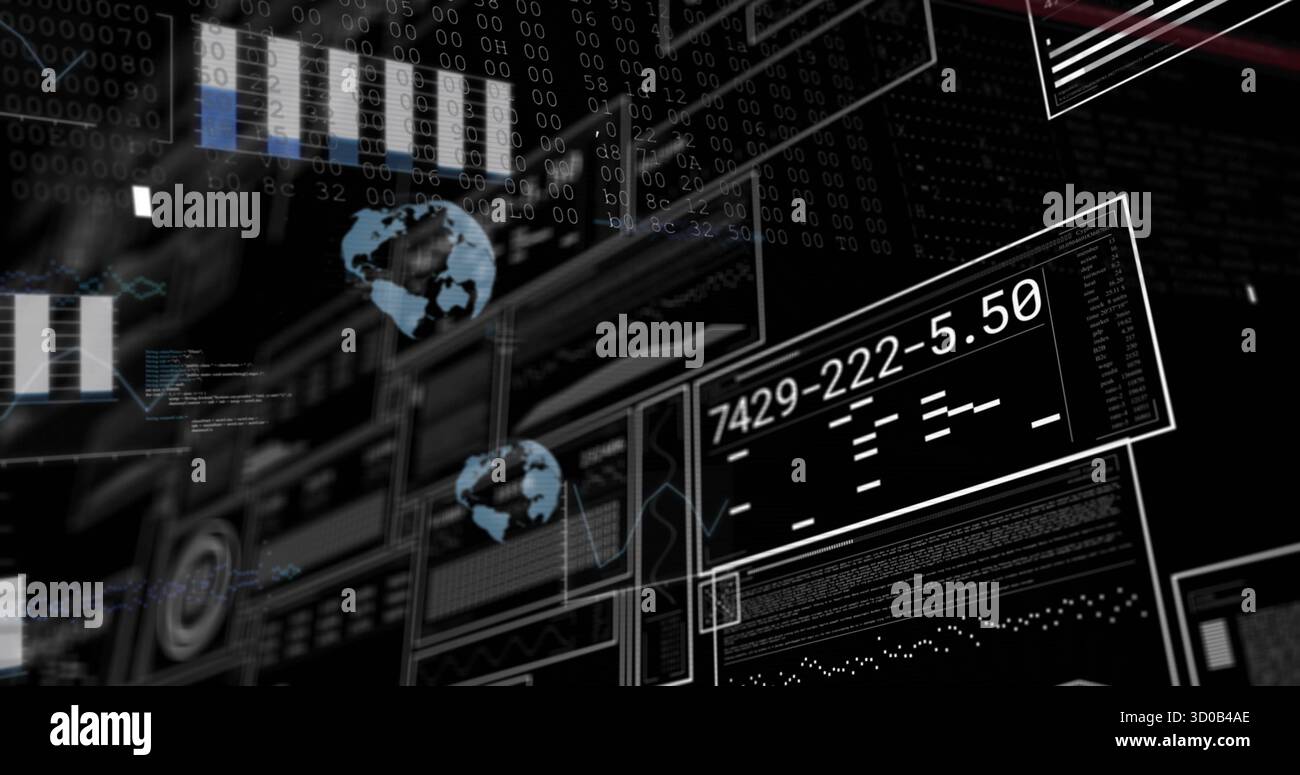 Displaying layered panels scrolling binary digits and rotating globe icons in dashboard, chart data Stock Photo