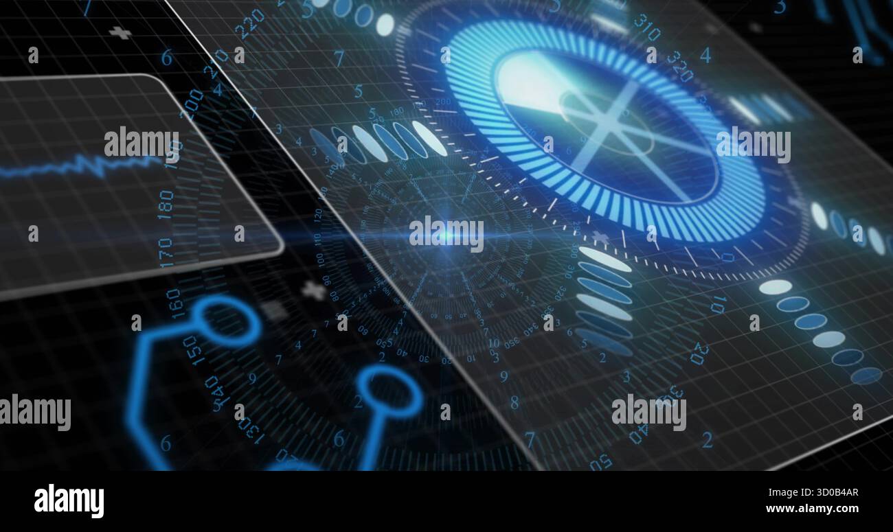 Projecting circular gauge indicating data on HUD with floating nodes and waveform panel, copy space Stock Photo