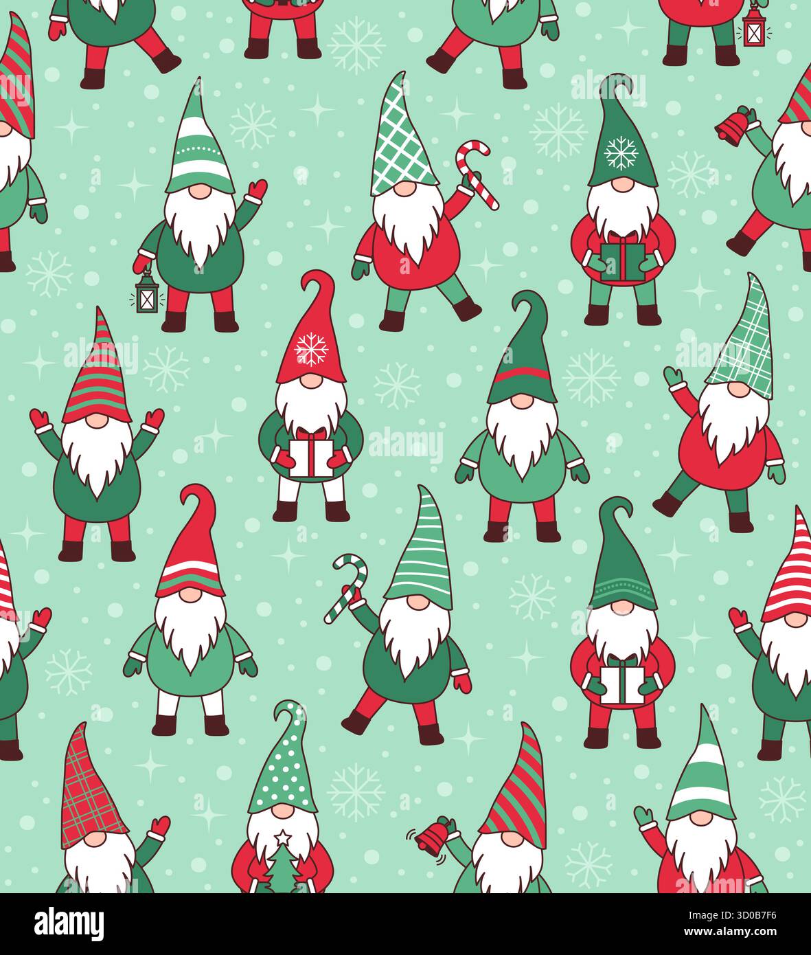 Cute happy Christmas gnomes standing, seamless pattern background Stock Vector