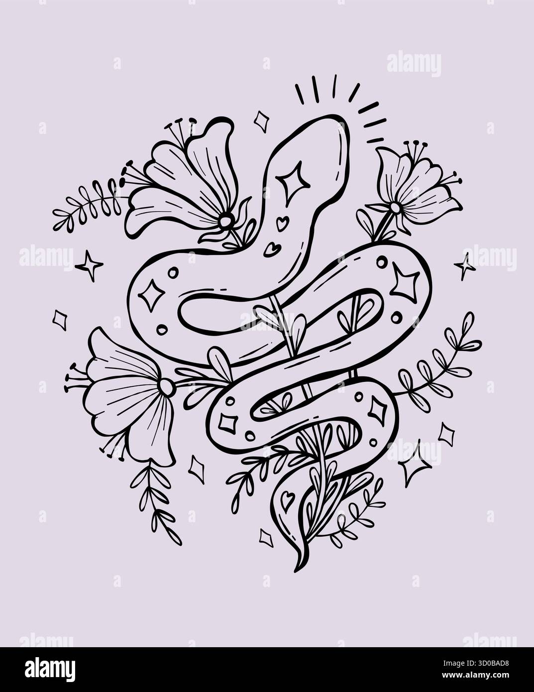 Outline Mystical snake with Flowers Plants. Textured Hand Drawn Doodle ...