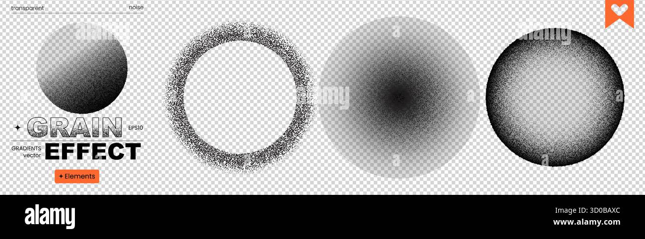 Round ball grain noise sphere dot transparent gradient spray brush shape pattern. This abstract set features circular elements with rough speckle text Stock Vector