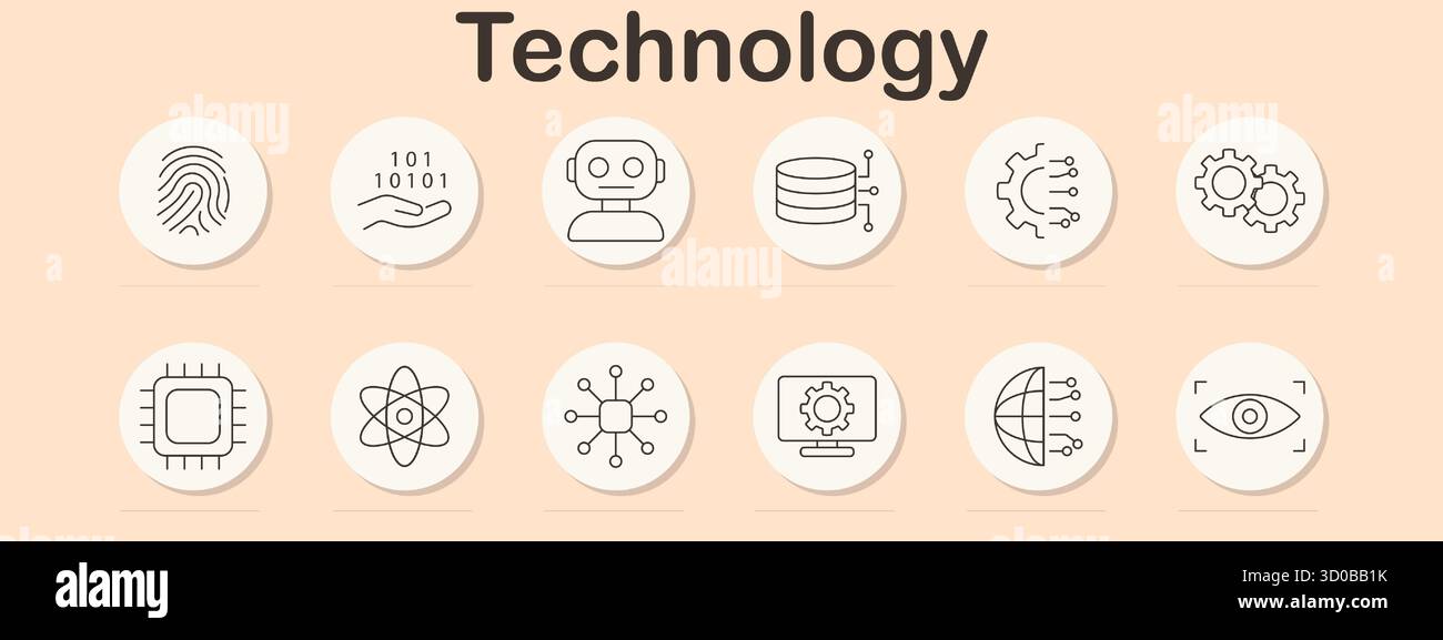 Technology set icon. Fingerprint, binary code, robot, database, chip ...