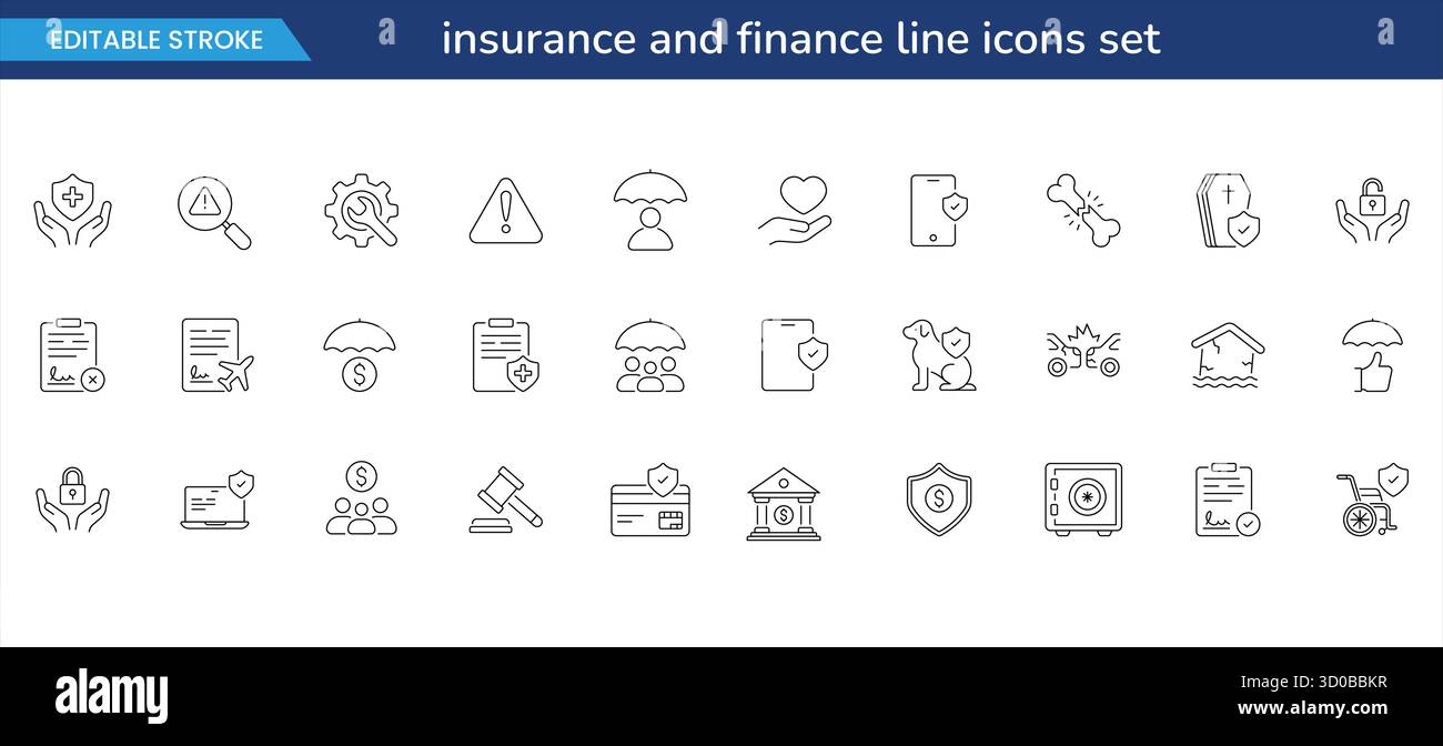 insurance and finance line icons set — editable stroke business, security, and healthcare outline symbols for web, app, and presentation design Stock Vector