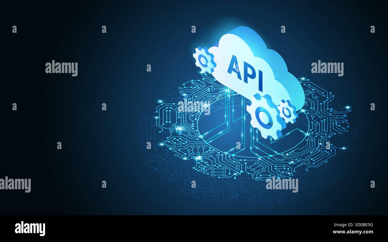 API cloud and gears connected to data network - abstract technology ...