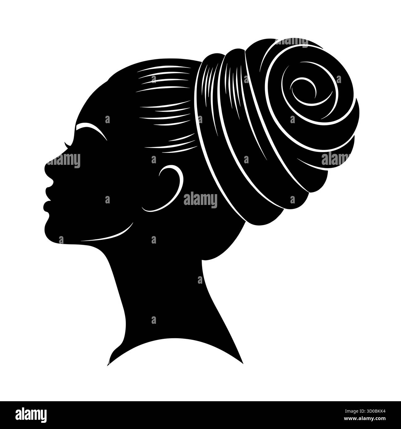 Silhouette of female profile with elegant hair bun in black and white ...