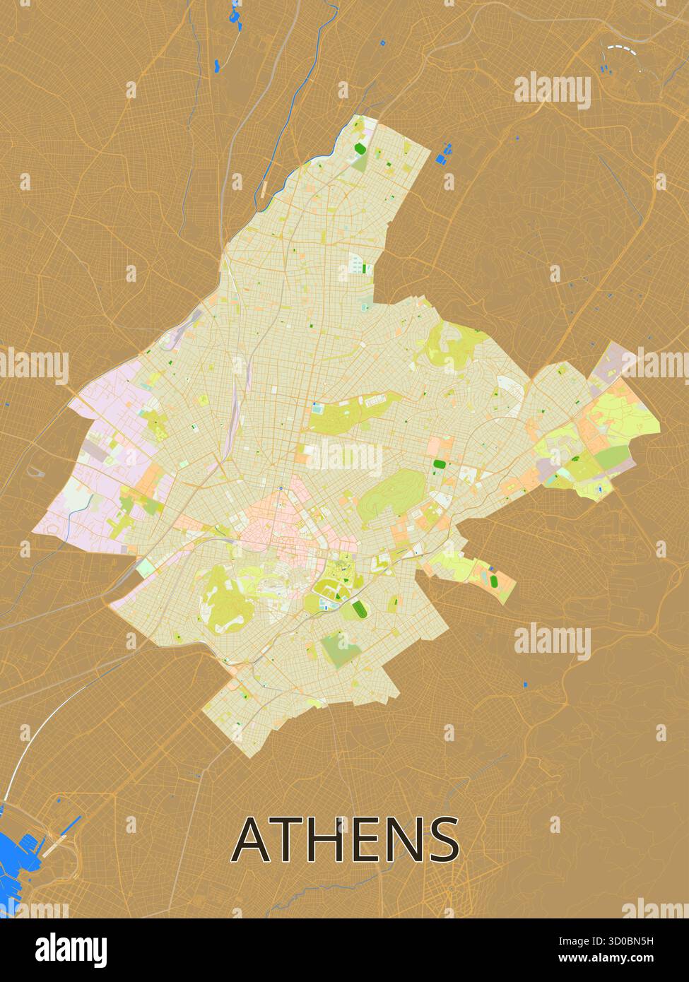 This image presents a detailed map of Athens, Greece, rendered in a ...