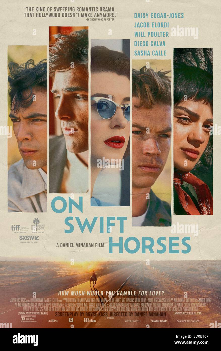 RELEASE DATE: 2024 TITLE: On Swift Horses STUDIO: Netfix DIRECTOR: Daniel Minahan PLOT: Muriel and her husband Lee are about to begin a bright new life, which is upended by the arrival of Lee's brother. Muriel embarks on a secret life, gambling on racehorses and discovering a love she never thought possible. STARRING: DIEGO CALVA, JACOB ELORDI, DAISY EDGAR-JONES, WILL POULTER, and SASHA CALLE. EDITORIAL USAGE ONLY! Not for Commercial USAGE! Stock Photo