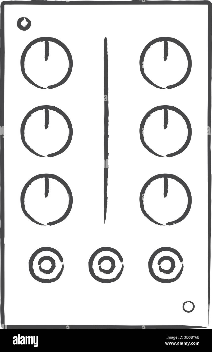 A narrow equipment panel shows multiple round knobs and tall sliders for adjusting levels and settings Stock Vector