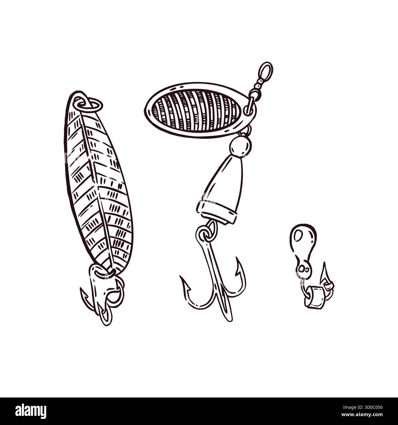 Hand drawn ink set of fishing equipment, hook, boots, rod Stock