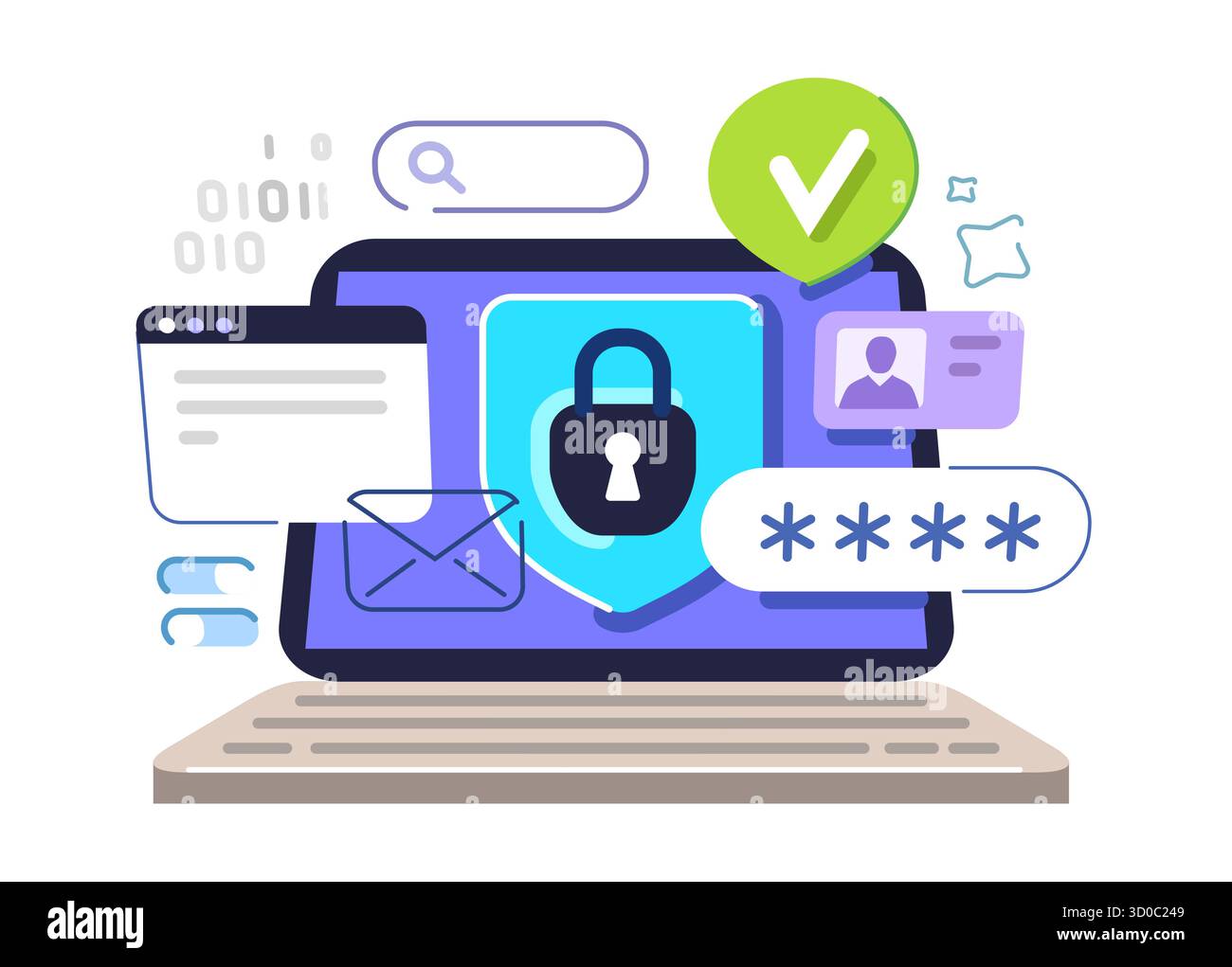 Data protection. Internet computer security concept. Cyber security software program on laptop screen Stock Vector