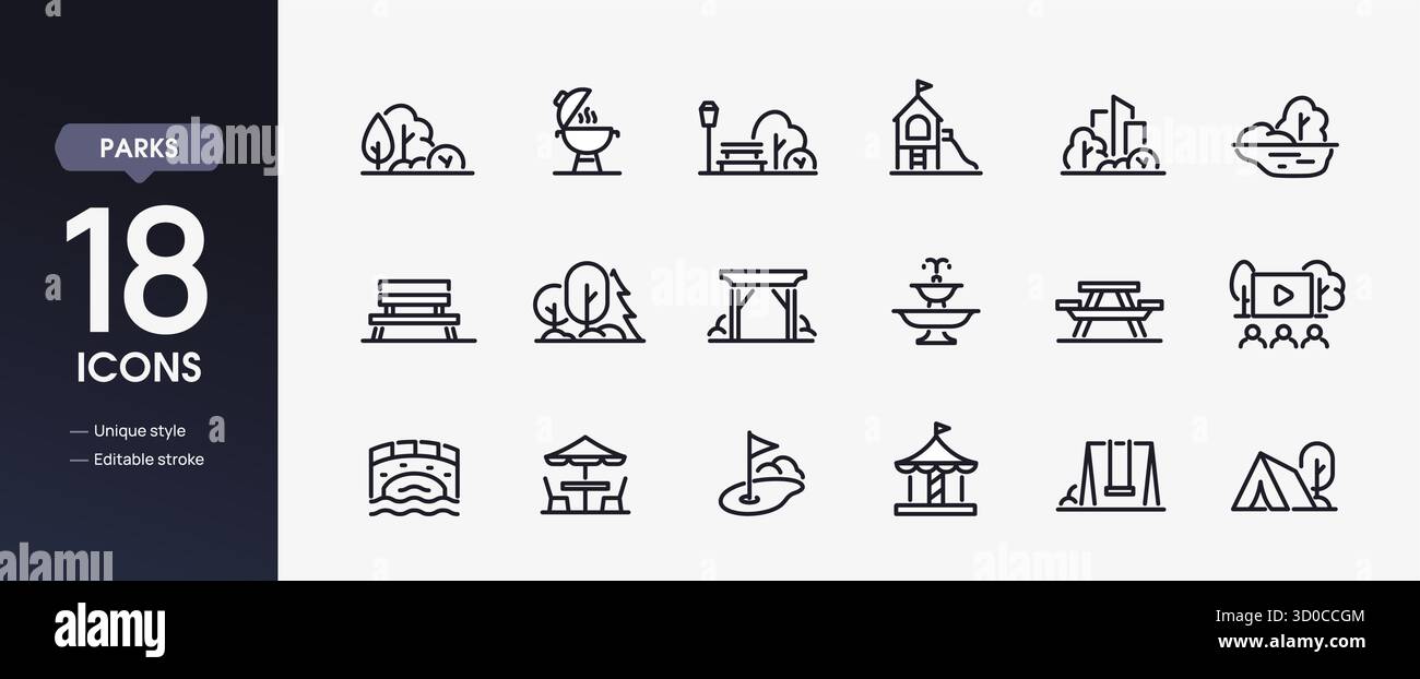 Parks and Green Space Line Icon set. Symbols with forest belt, trees, grill area, bench, playground, and tent for outdoor recreation. Outline vector Stock Vector