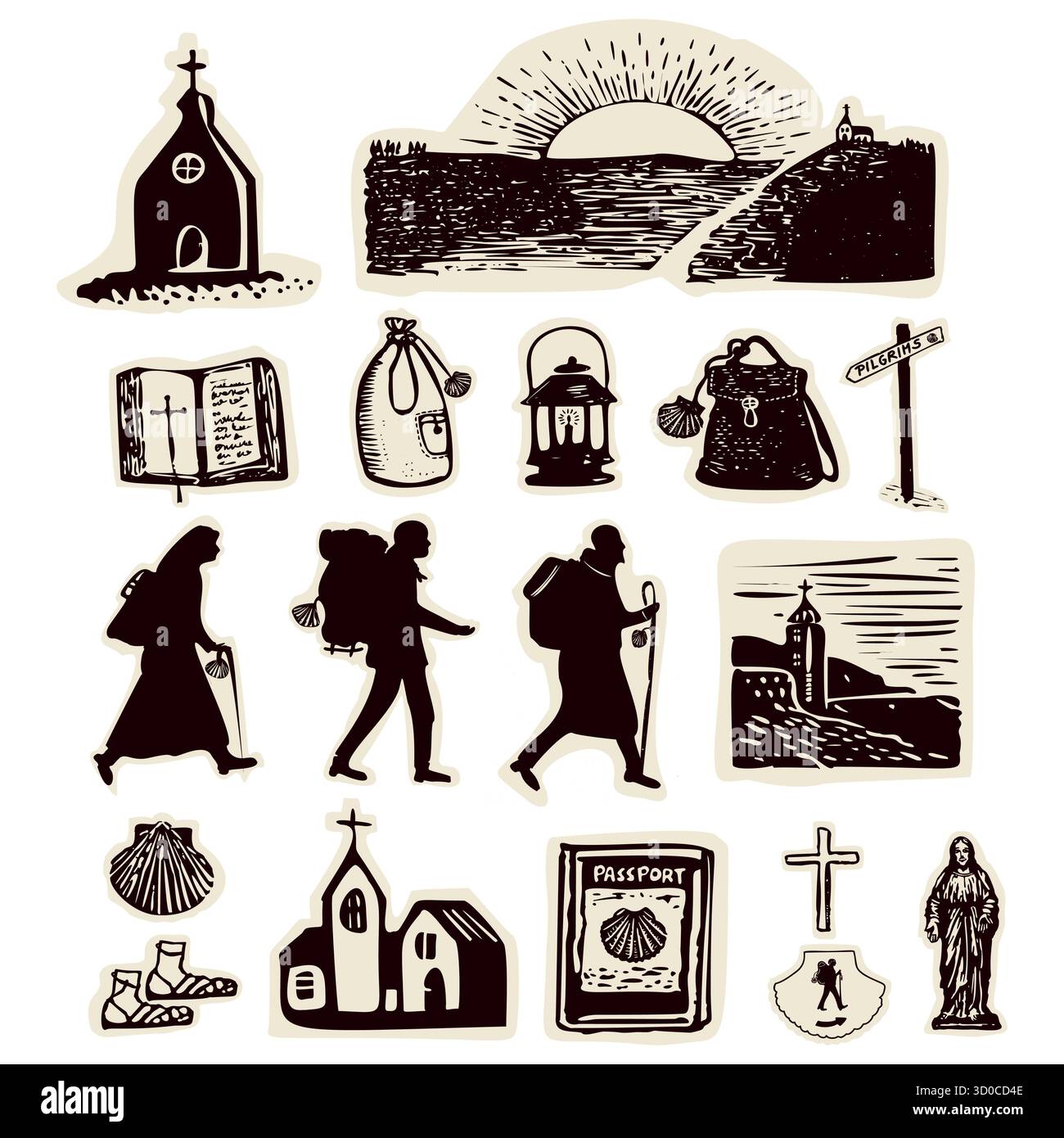Set of pilgrimage icons with bible, church, nun, jesuit monk , pilgrims ...