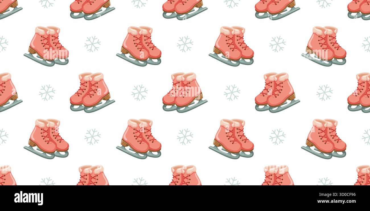 Seamless cartoon ice skates pattern with snowflakes. Vector winter activity hand drawn background. Stock Vector