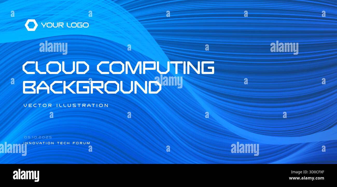Cloud computing background, blue abstract waves, futuristic tech gradient. For IT presentations, SaaS landings, conference, webinar. Digital Stock Vector