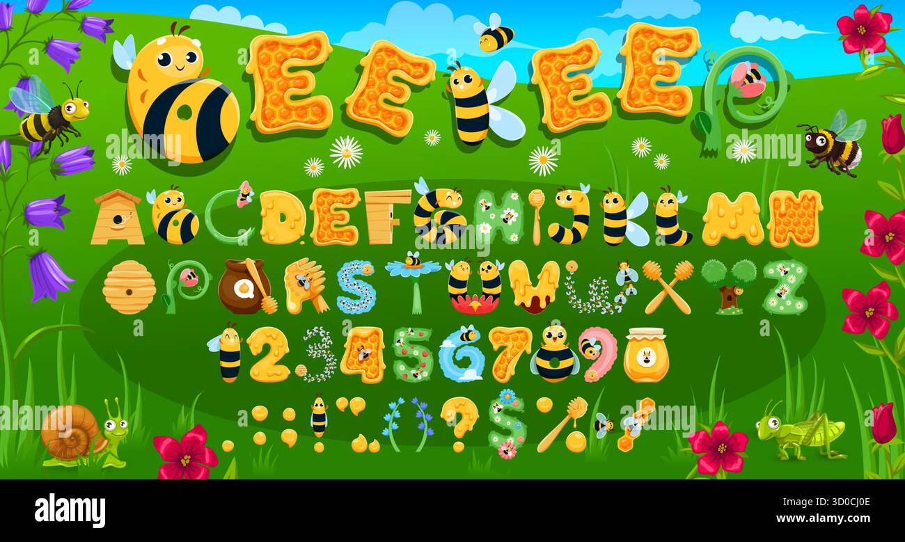 Cartoon Insect Letters Cartoon apiary type, honey bee font, funny beekeeping typeface, kids ...