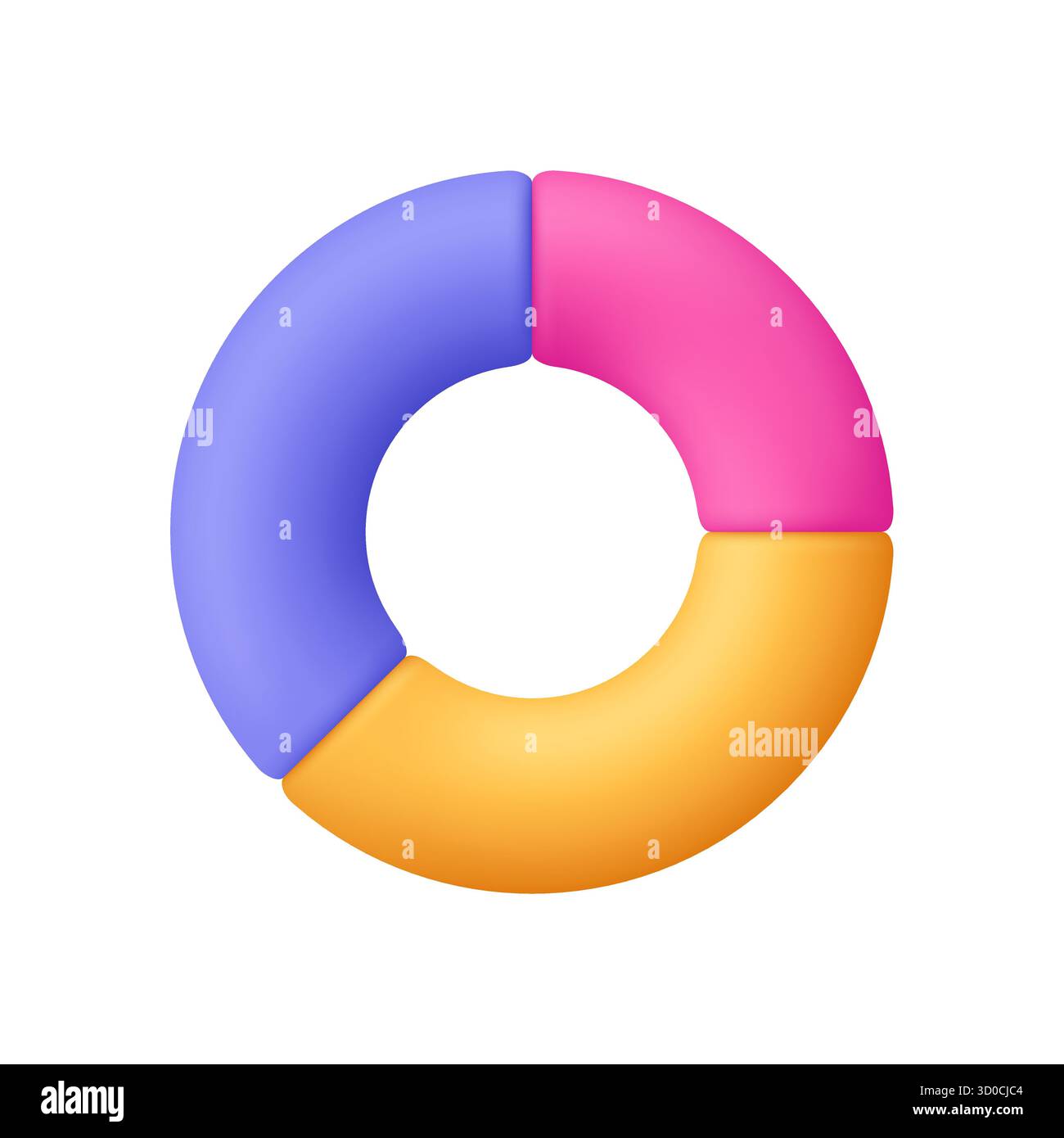 Circular chart diagram with three segments in purple, pink and yellow. Presentation, infographic, analytics, data analysis and data visualization conc Stock Vector
