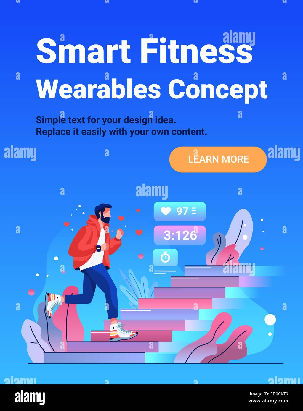 Smart fitness wearables concept man running up colorful stairs health ...