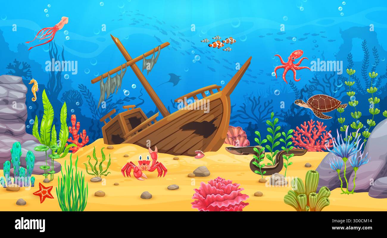 Underwater sea landscape with wooden sunken ship or boat, cartoon ...