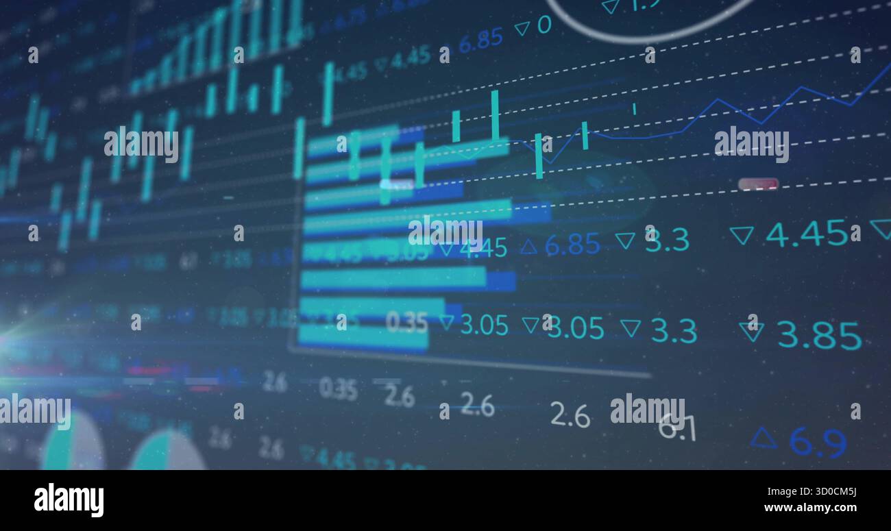 Displaying interface on screen showing bar charts, line graphs, numerical labels, circular segments Stock Photo