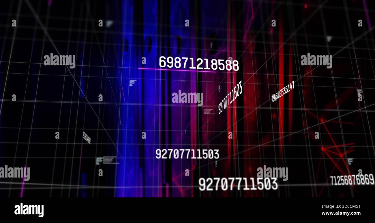 Displaying floating numeric strings over white grid in cyberspace, data streams and network lines Stock Photo