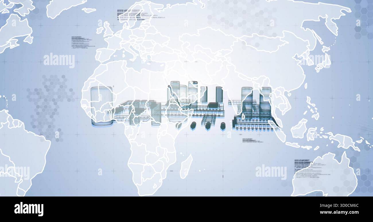 Displaying industrial complex schematics on world map grid with hex patterns and data annotations Stock Photo