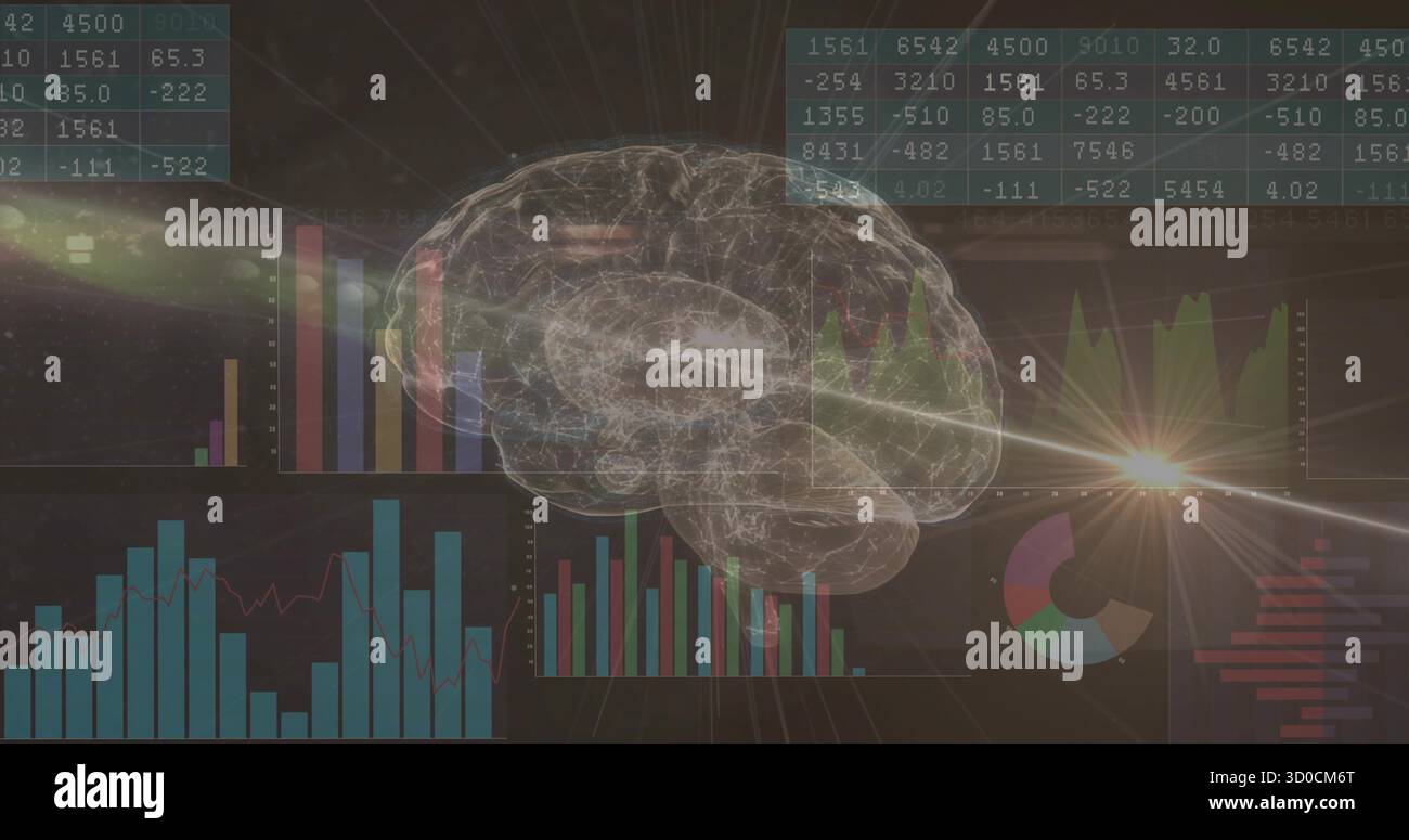 Floating 3D brain hologram over analytics interface, with interactive visualizations and lens flare Stock Photo