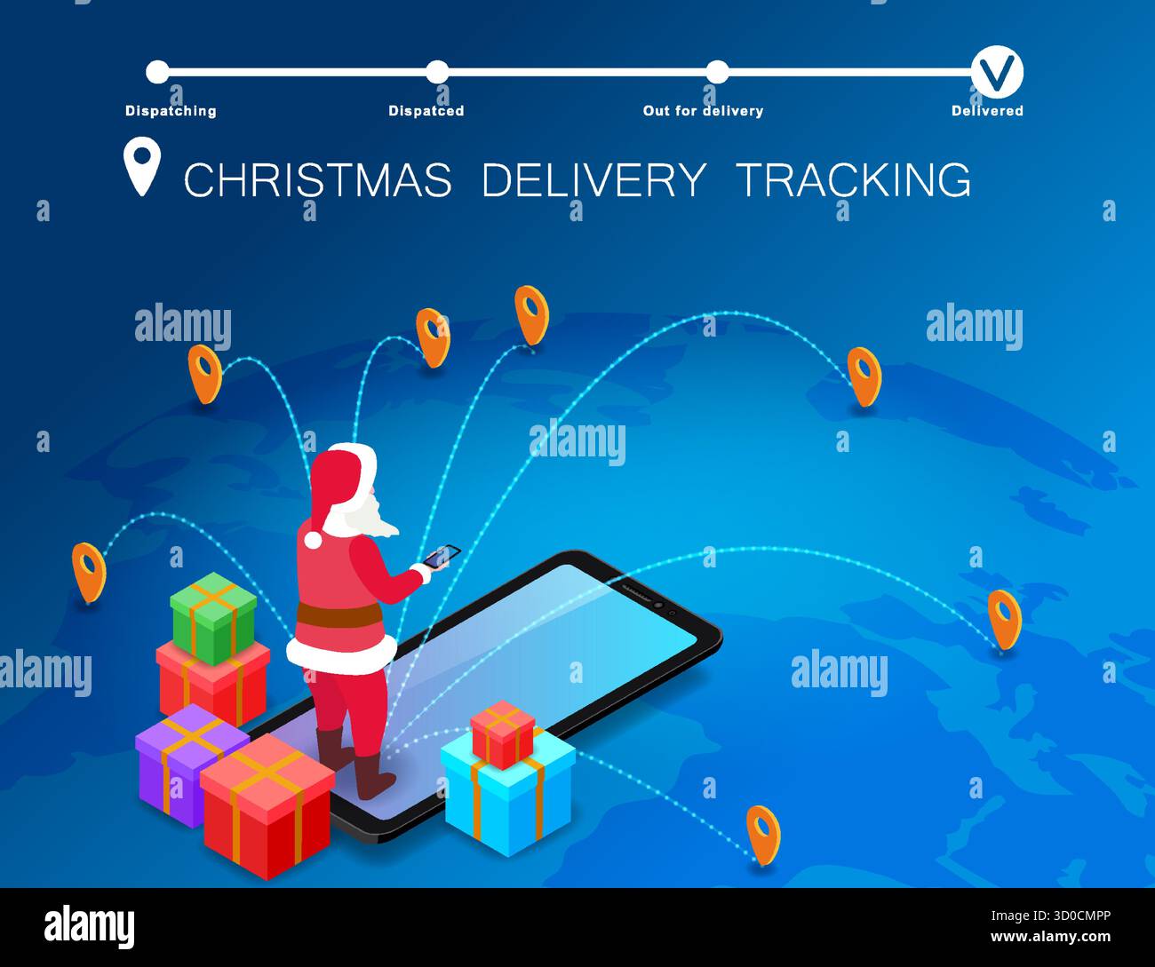 Christmas delivery, Santa Claus tracking gift box on global Earth map Stock Vector