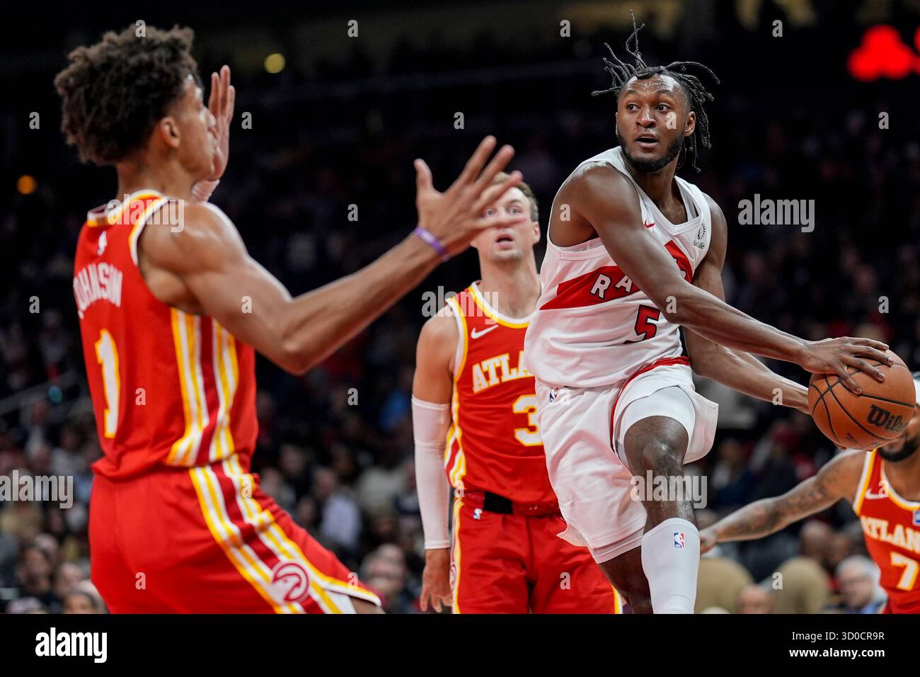 Toronto Raptors guard Immanuel Quickley (5) drives against the Atlanta ...