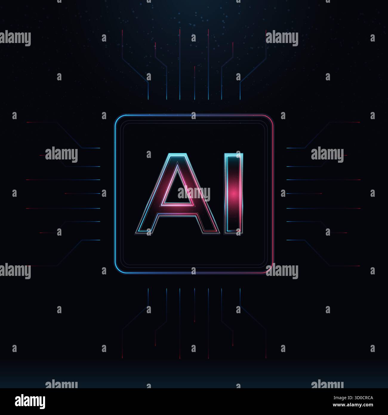 Futuristic concept of Neon AI microchip. Semiconductor technology vector illustration with Artificial Intelligence CPU. Stock Vector
