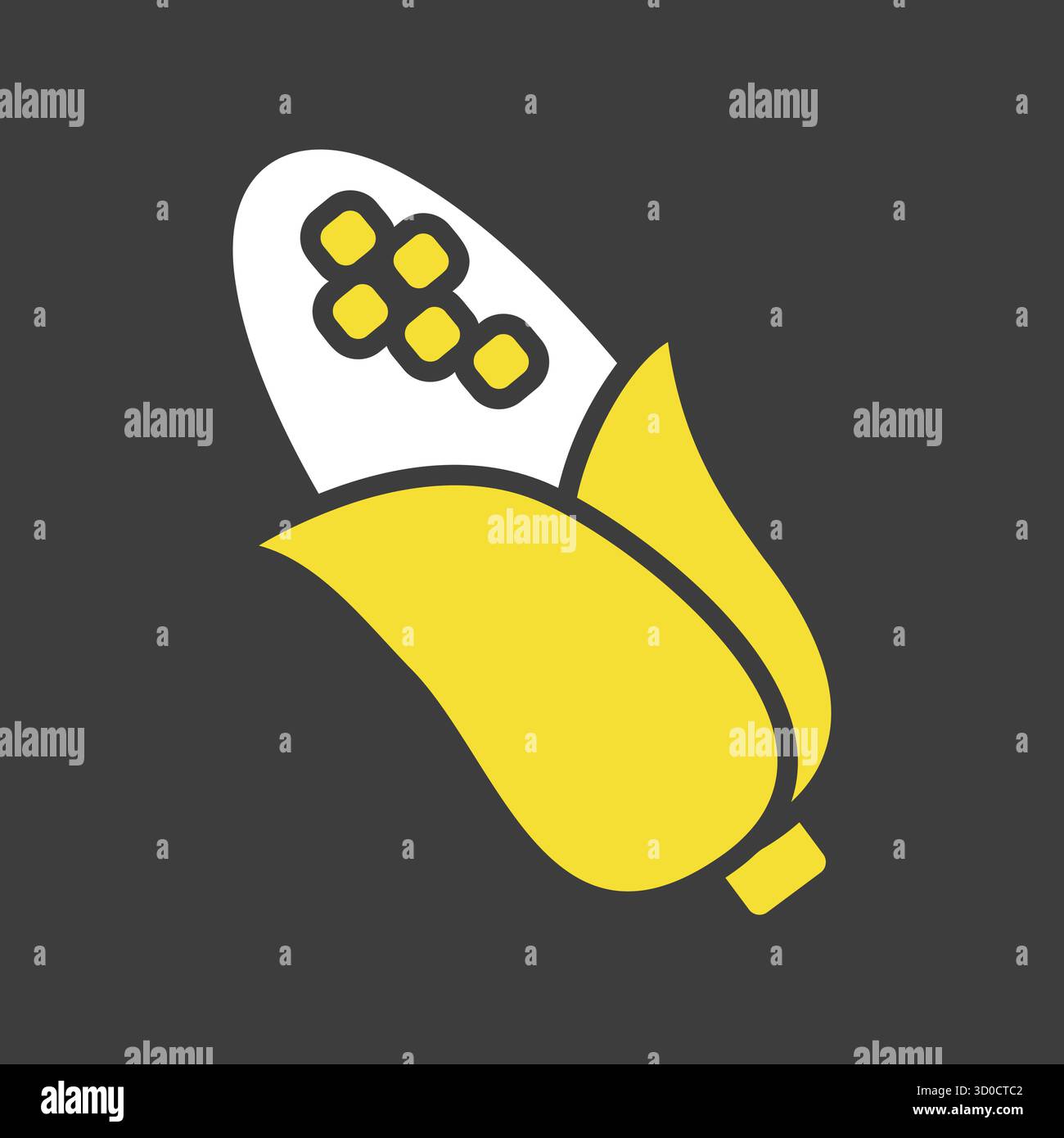 A clean outline vector on dark background icon of a corn on the cob ...