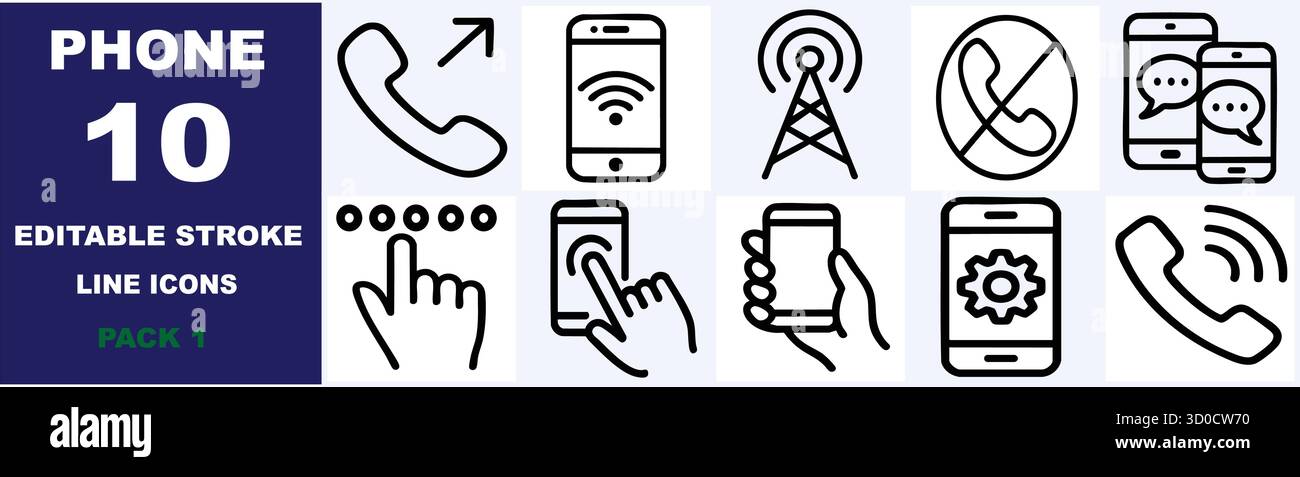 Phone editable stroke line icons pack isolated on white background with ...