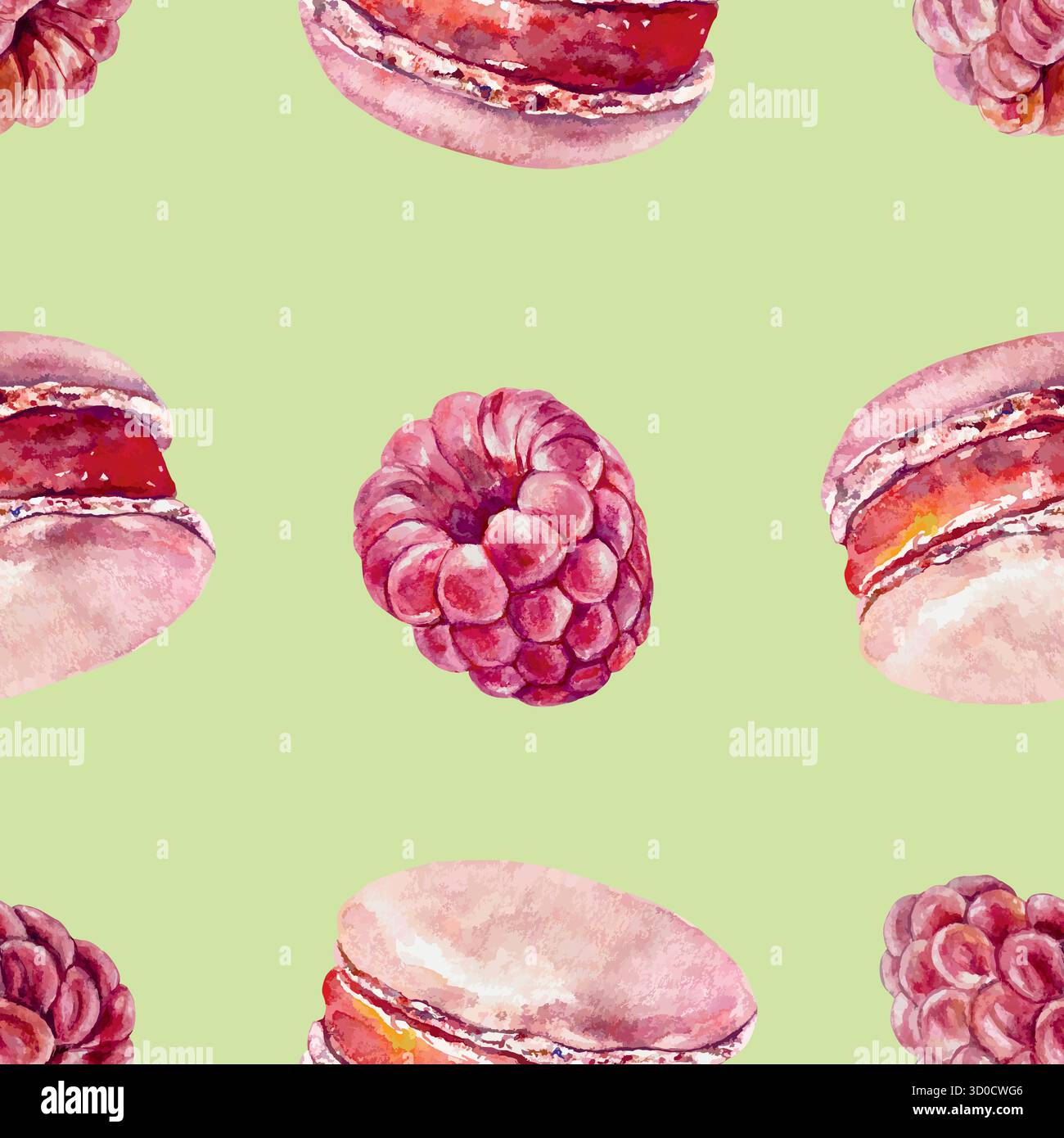 Raspberry and pink macaroon seamless pattern. Hand drawn watercolor illustration. Suitable for label design, wrapping paper, textiles and scrapbooking Stock Vector