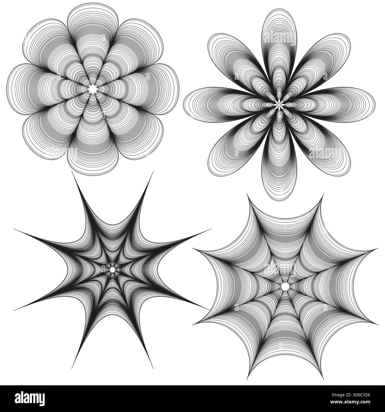 Floral geometric shapes. Intricate line patterns. Star burst elements. Vector monochrome ornament. EPS 10. Stock Vector