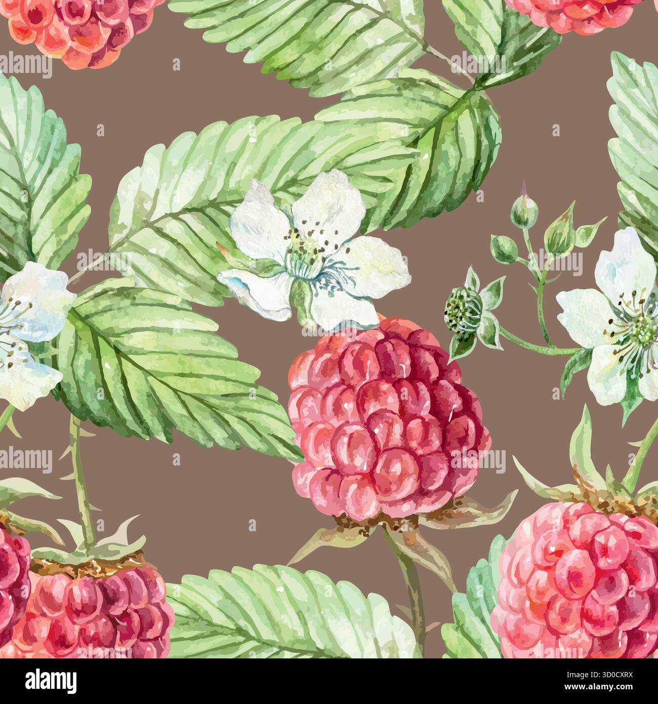 Subtle Raspberry Seem Less Pattern Raspberry seamless pattern. Ripe berries, green leaves and white ...