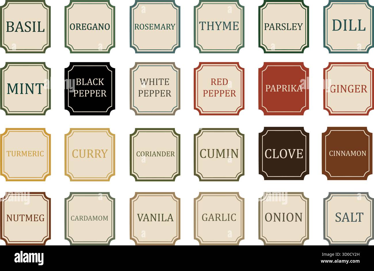 A collection of spice labels on a white background. Square plaques with ...