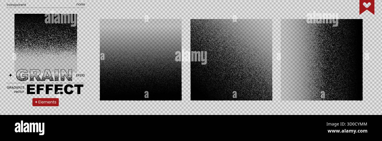 Transparent black noise grain dot gradient background pattern grainy effect. This set features gritty halftone patterns and distressed textures for mo Stock Vector