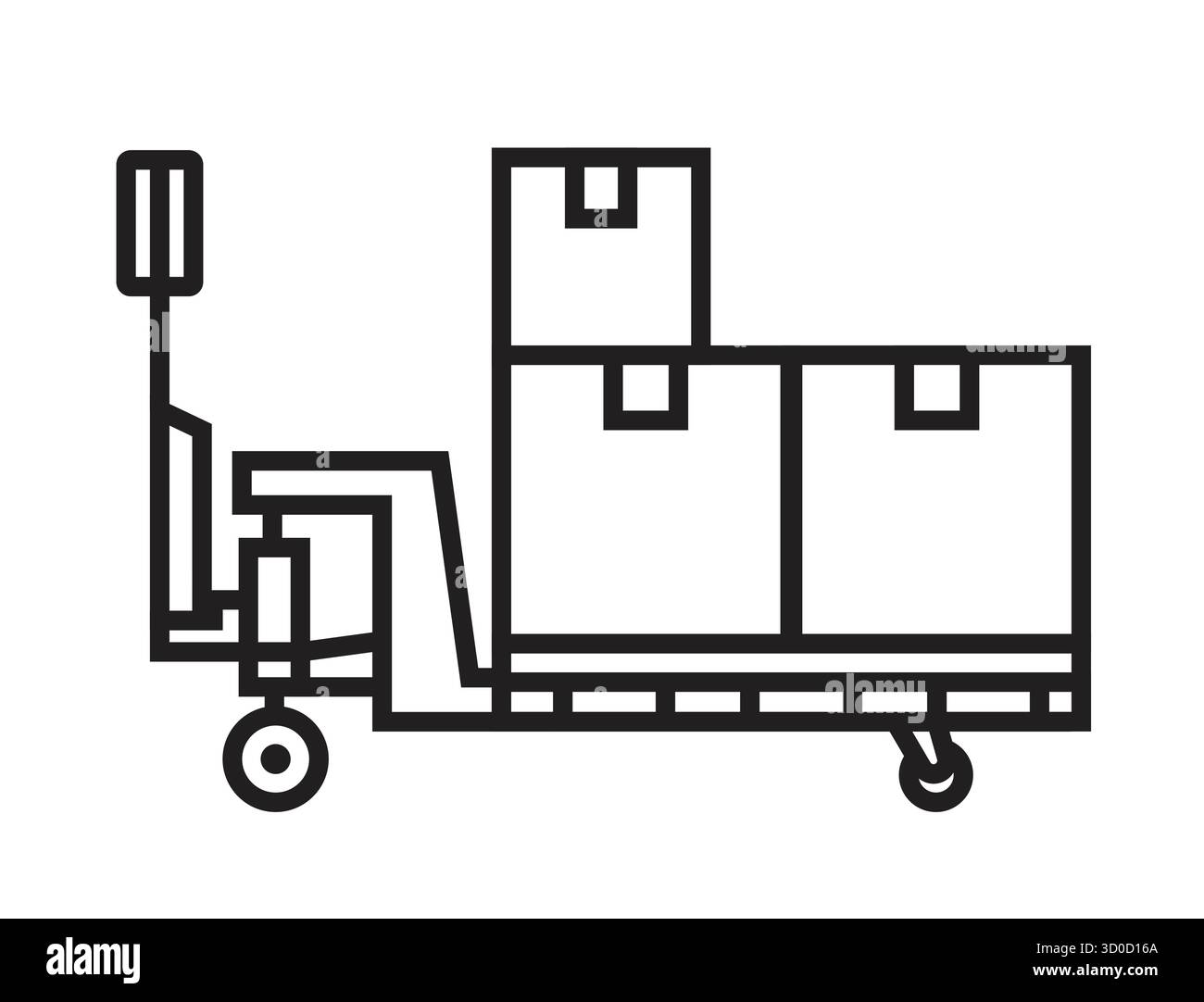 Manual pallet jack carrying three cardboard boxes. Simple stroke line design isolated on white background. Logistic, warehouse, cargo. Stock Vector