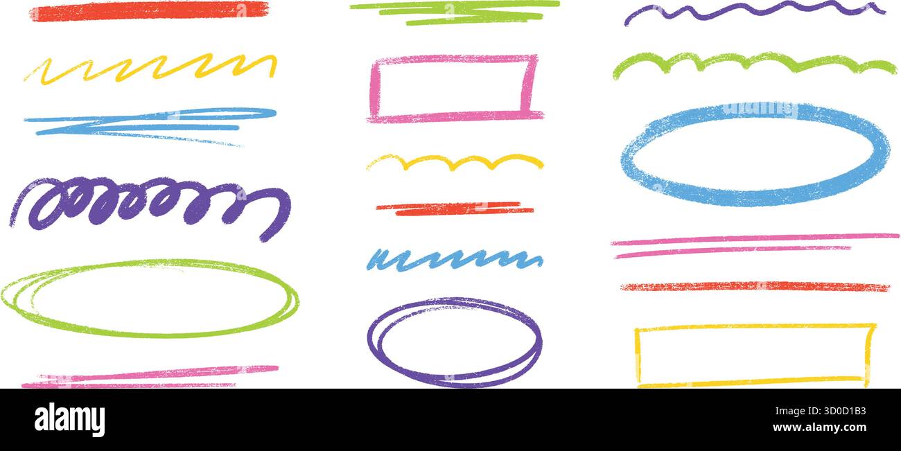 Colorful brush strokes and crayon pencil marks with chalk texture - wavy line patterns, underline elements, frames Stock Vector