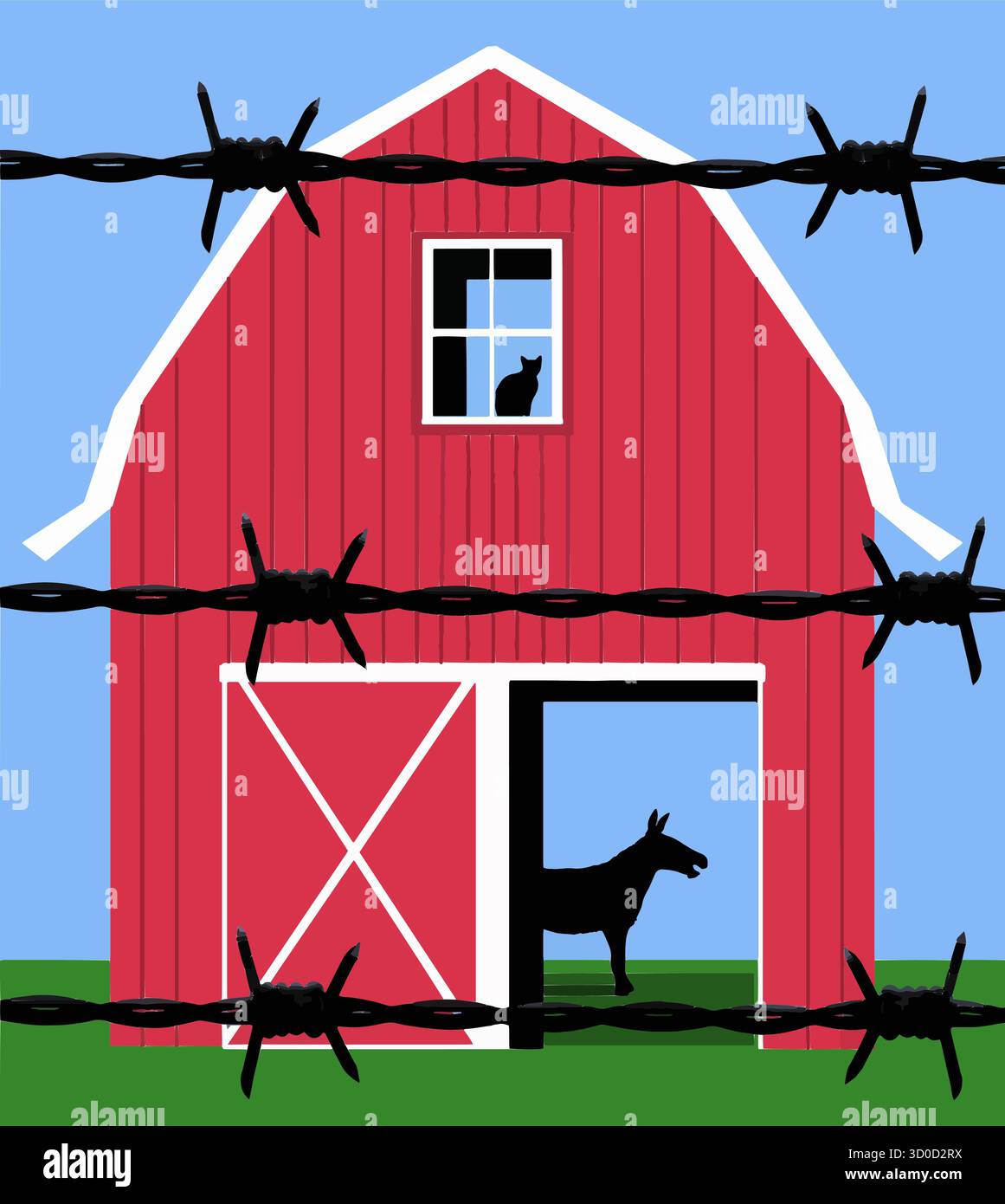 A simple graphic representation of a farm barn with a mule and a barn cat is seen behind barbed wire fence in this illustration. Stock Vector
