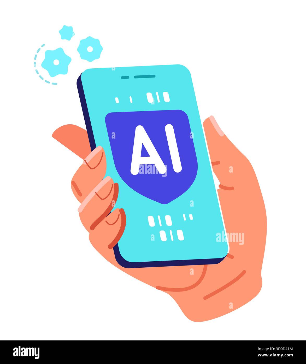 AI on smartphone screen. Hand touching virtual assistant for customer support. Global data access on online network Stock Vector