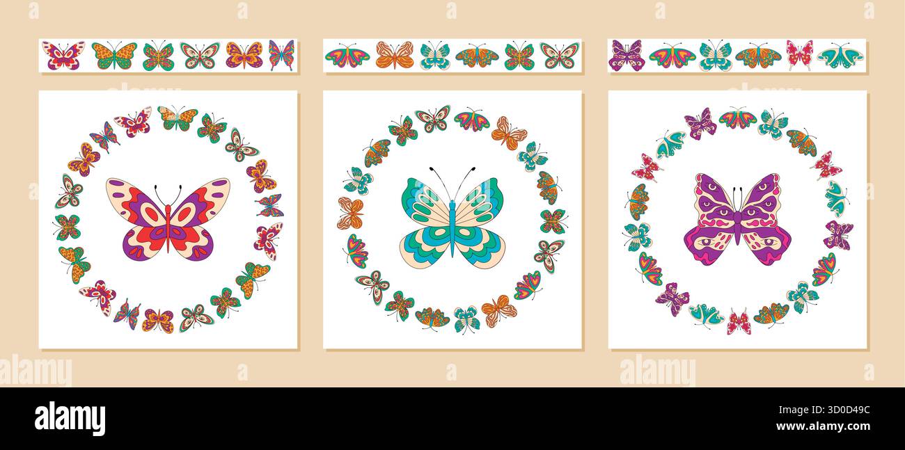 Groovy Retro Butterfly Seamless Border Set Stock Vector