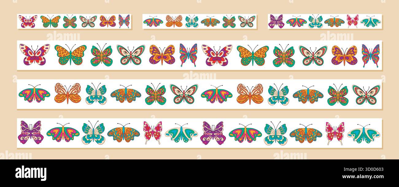 Groovy Retro Butterfly Seamless Border Set Stock Vector