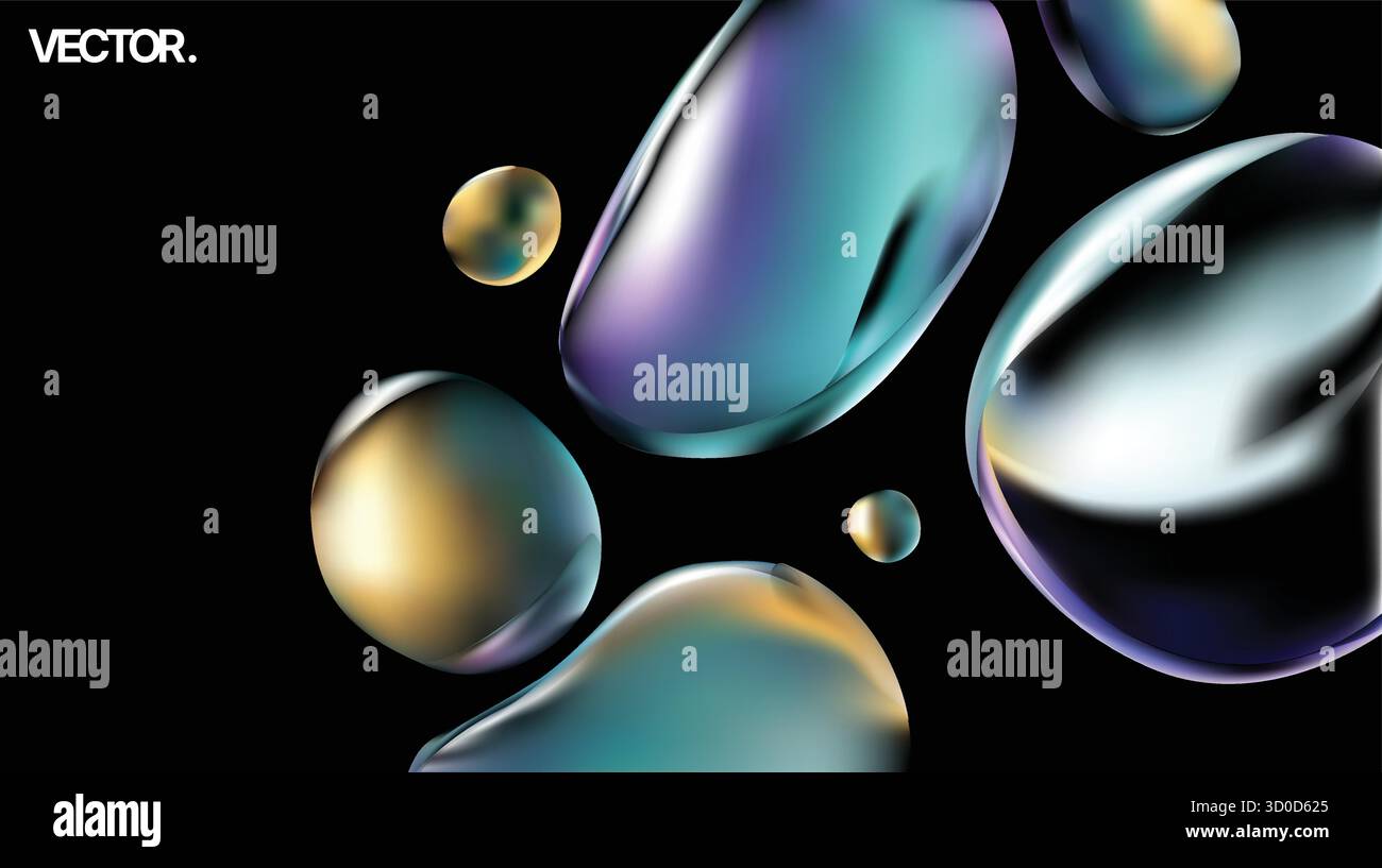 Iridescent Liquid Bubbles on Black Background A Captivating Abstract 3D Vector Artwork Stock Vector