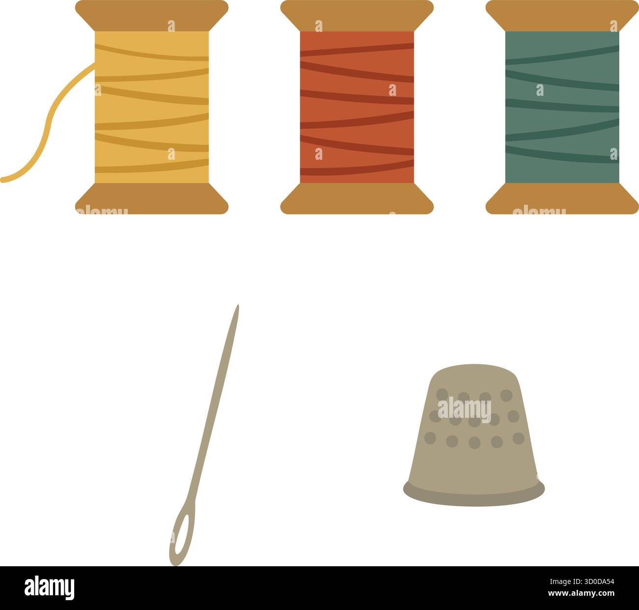 A neat layout features colored thread spools a sewing needle and a protective thimble for craft projects Stock Vector