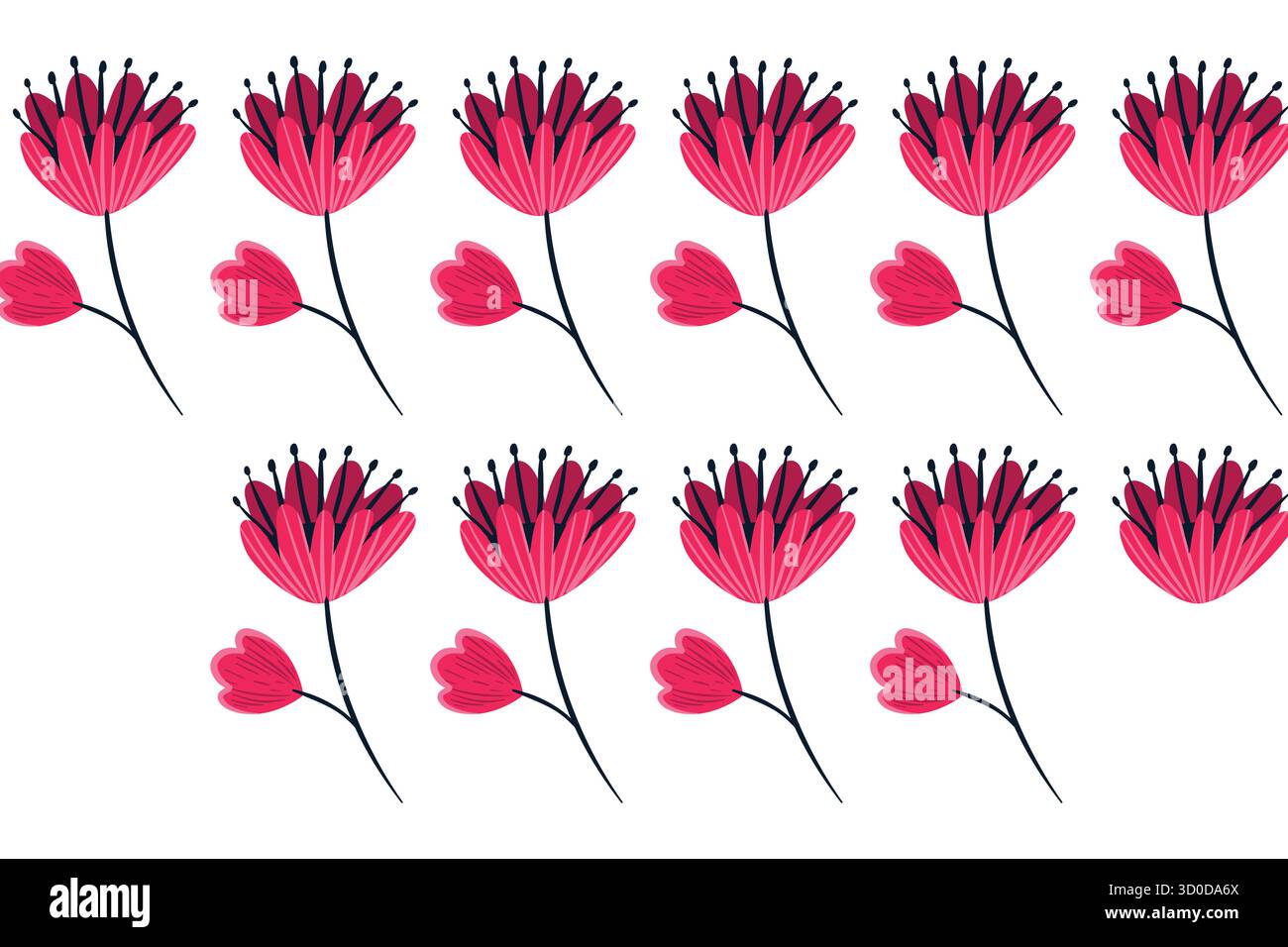 This is a seamless pattern of stylized pink flowers with dark stems and small leaves on a clean white background The arrangement creates a repeating f Stock Vector