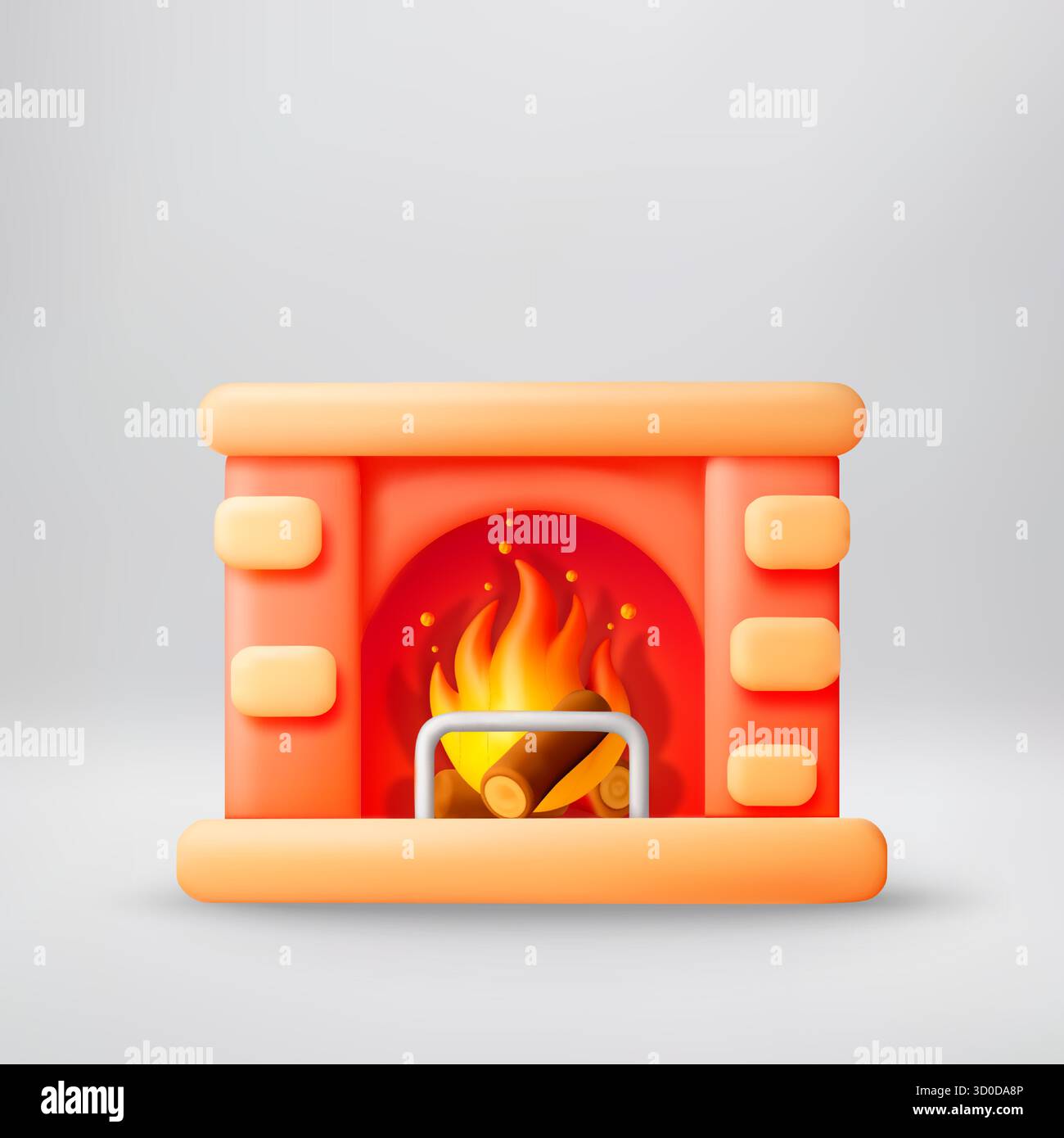 Orange cute fireplace with burning log and flames Stock Vector