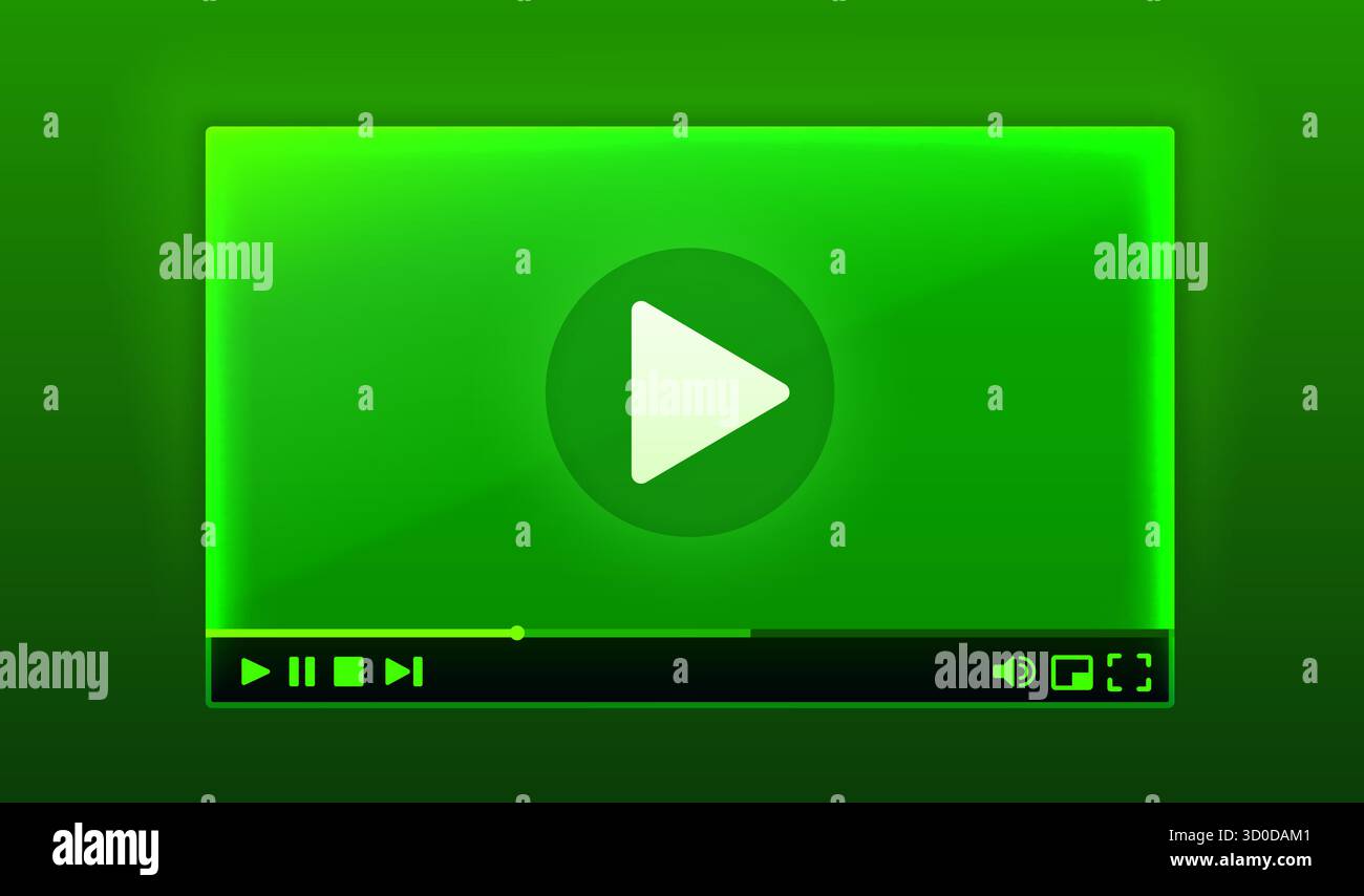 Sleek green video player interface with a central play button. Vector illustration. Stock Vector