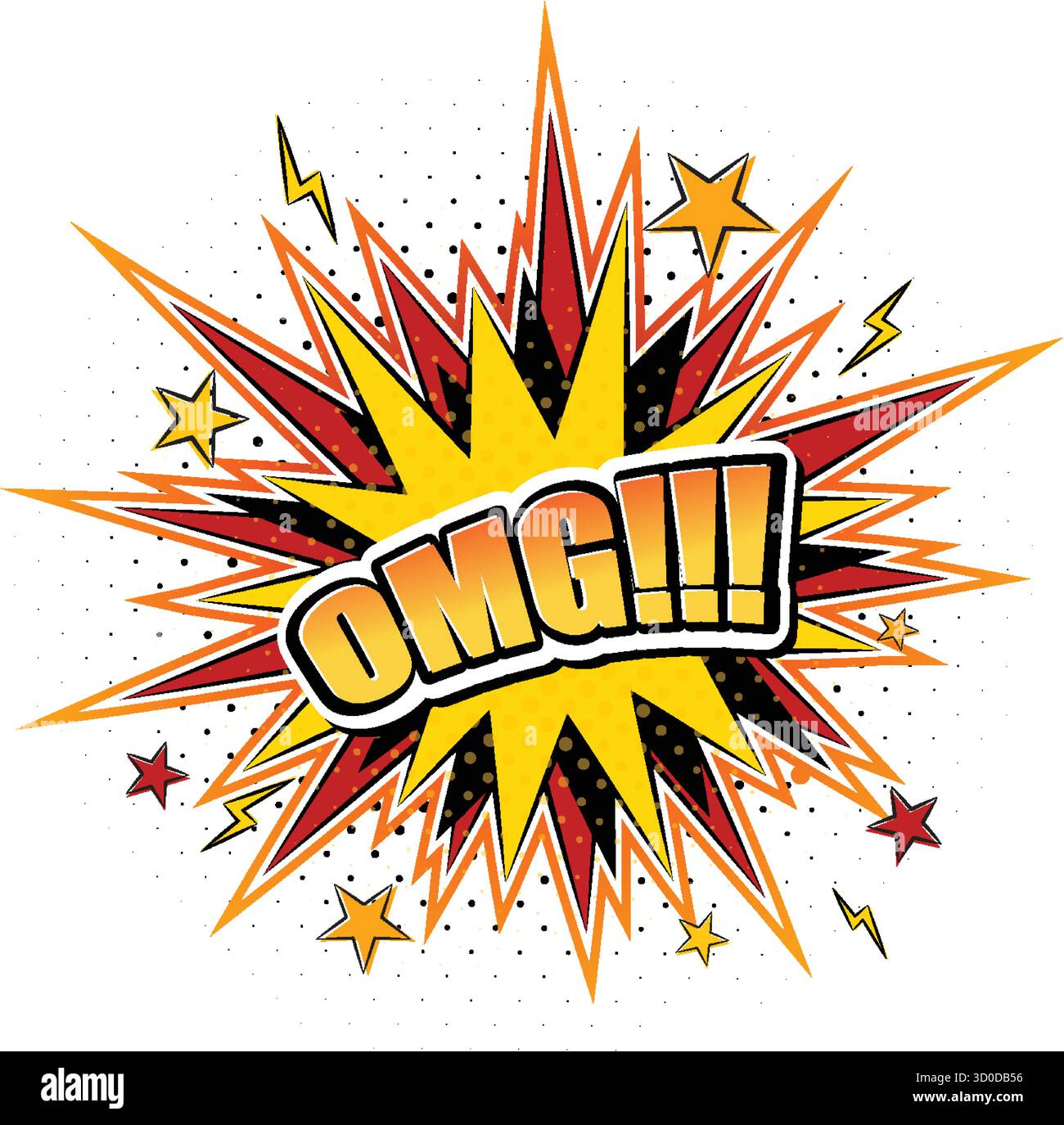 Bold OMG text in vibrant comic explosion, dynamic pop art style, halftone background, energetic composition Stock Vector
