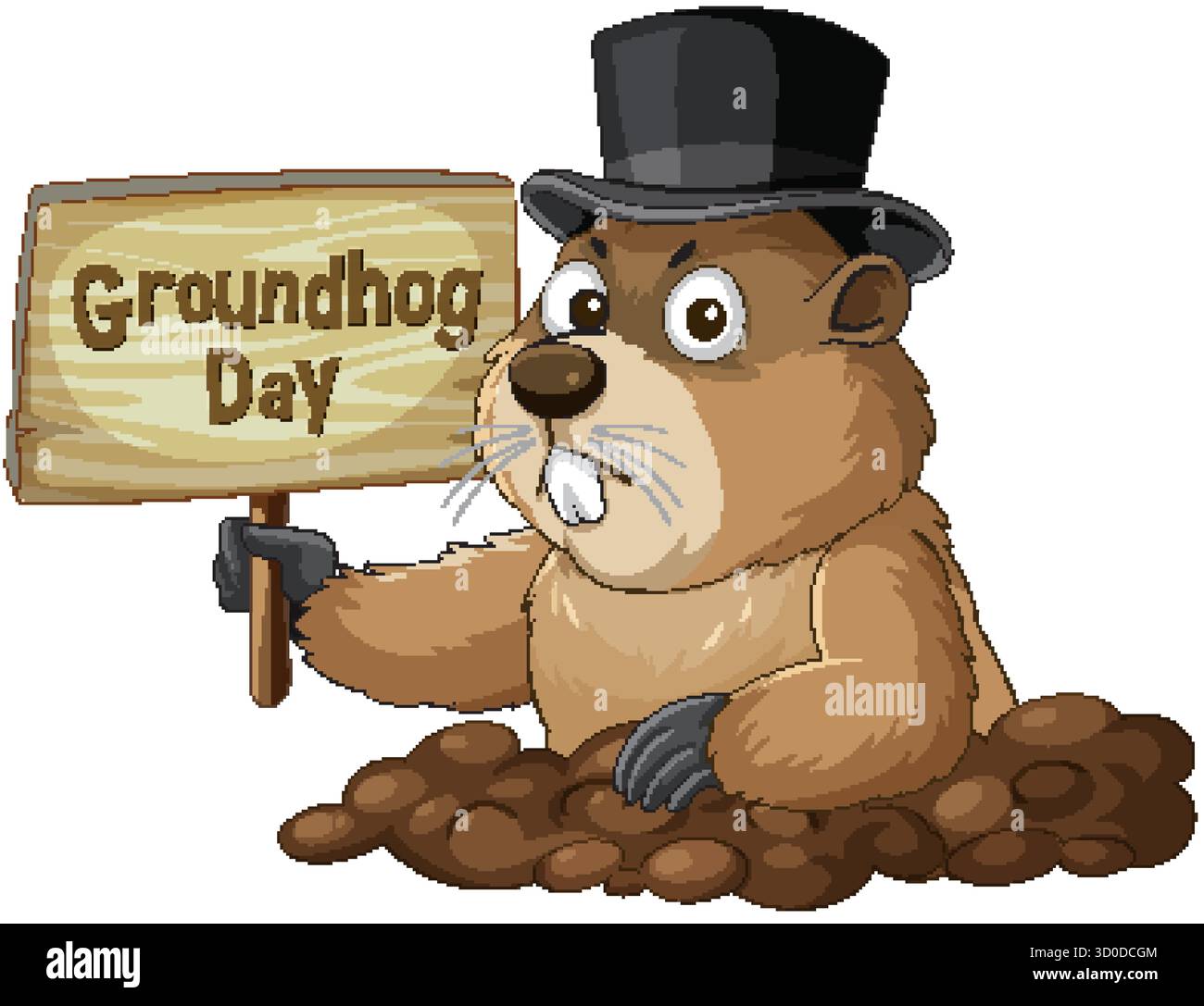 Groundhog Sign Cartoon groundhog in top hat holding wooden sign, earthy tones, clean ...