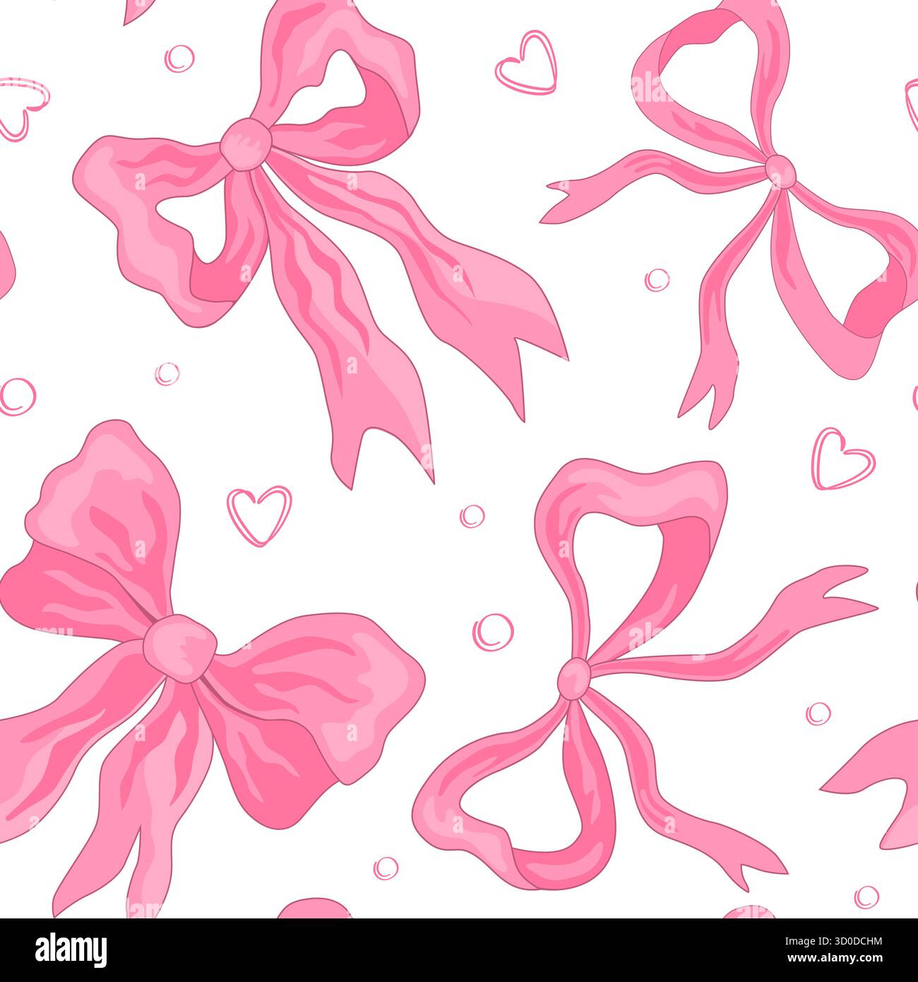 Whimsical Hand Drawn Ribbon Bow Seamless Pattern with hearts. Vector ...